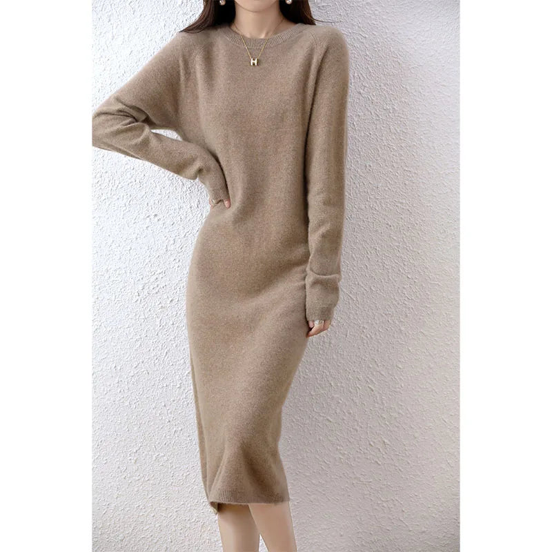 100% Merino Wool Long-Sleeve Midi Sweater Dress