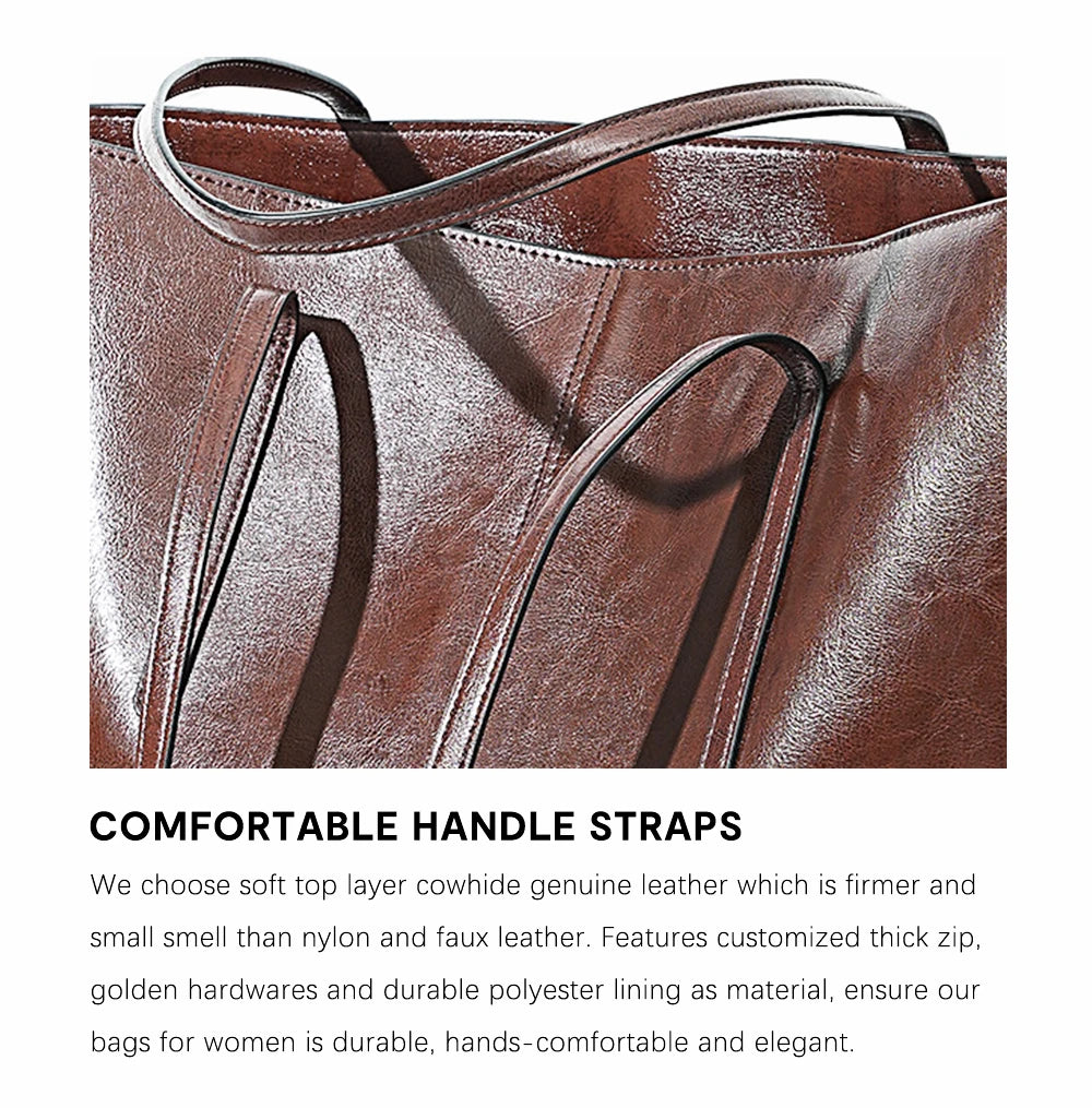 New Coffee Women Handbag 100% Genuine Leather Ladies Shoulder Purse Ladies Black Tote Bag Large Capacity Shopper Bags Brown