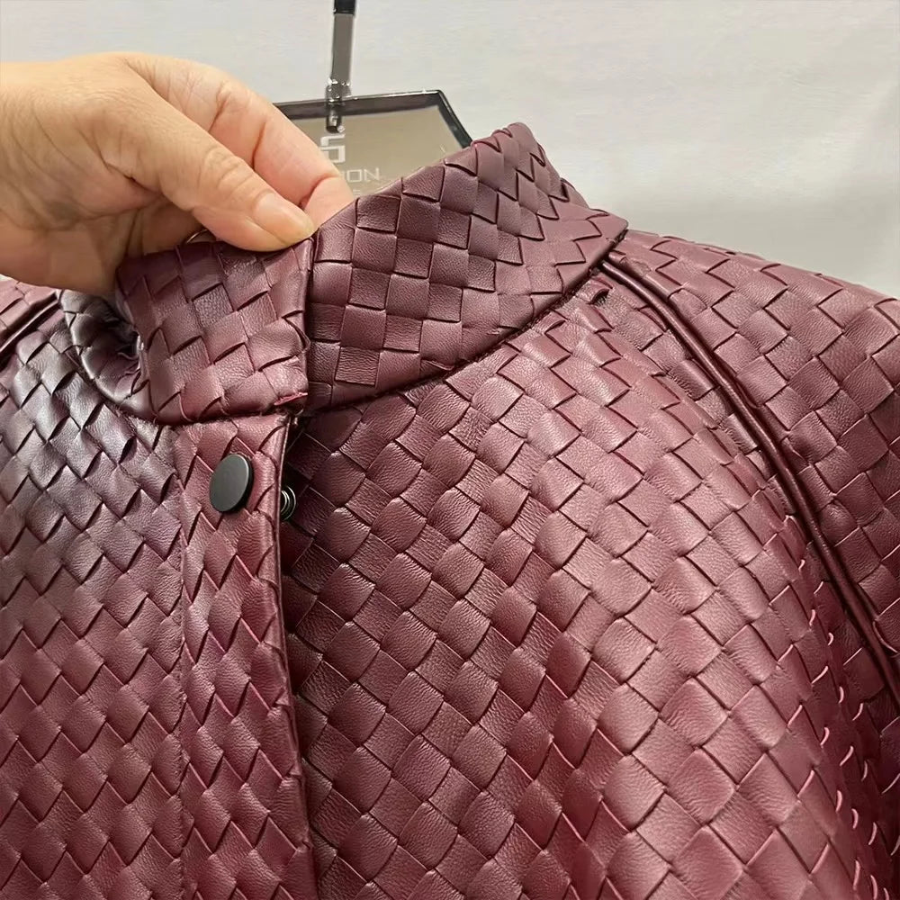 Natural Sheepskin Coat Women Autumn European and American Fashion Short Motorcycle Casual High Quality Hand-Woven Leather Jacket