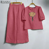 Floral Embroidery Linen-Style 2-Piece Set