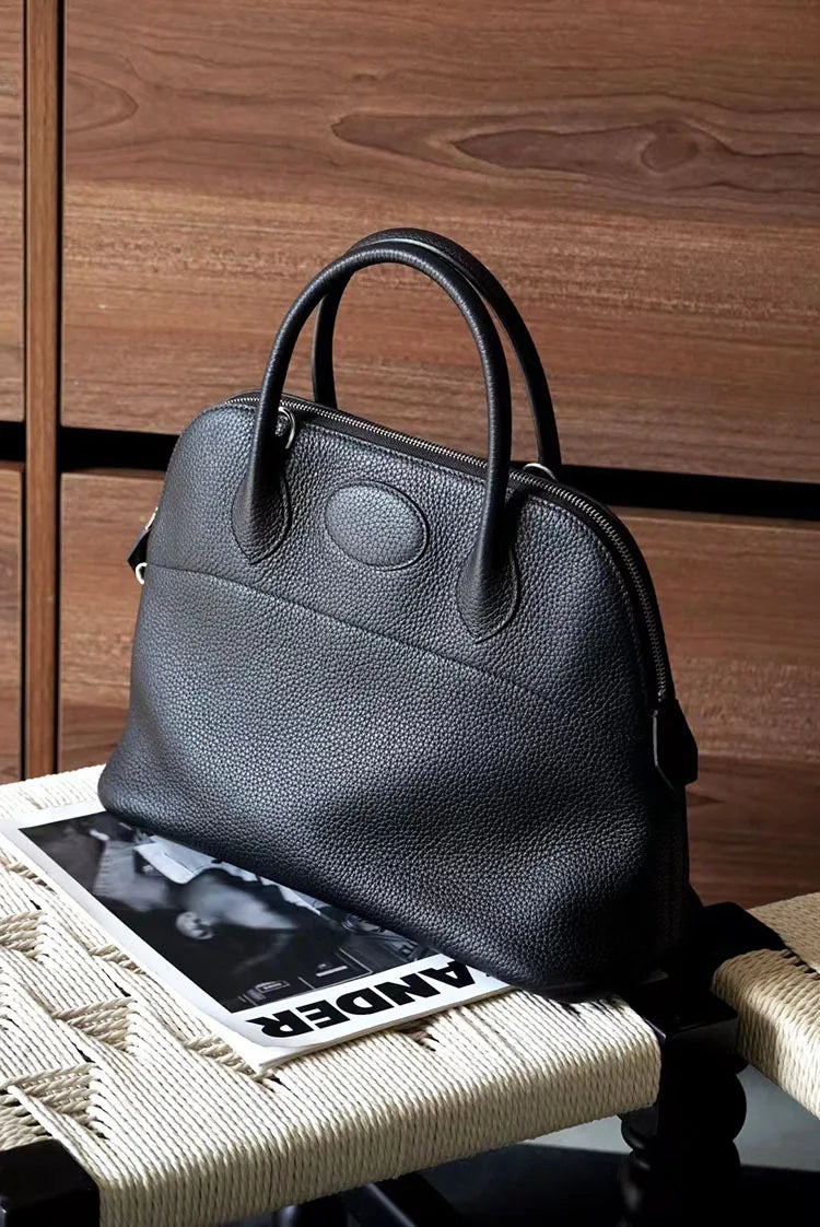 Premium Semi-handmade First-layer Cowhide Bowling Bag Portable Shoulder Large Shell Bag Commuting Temperament Versatile