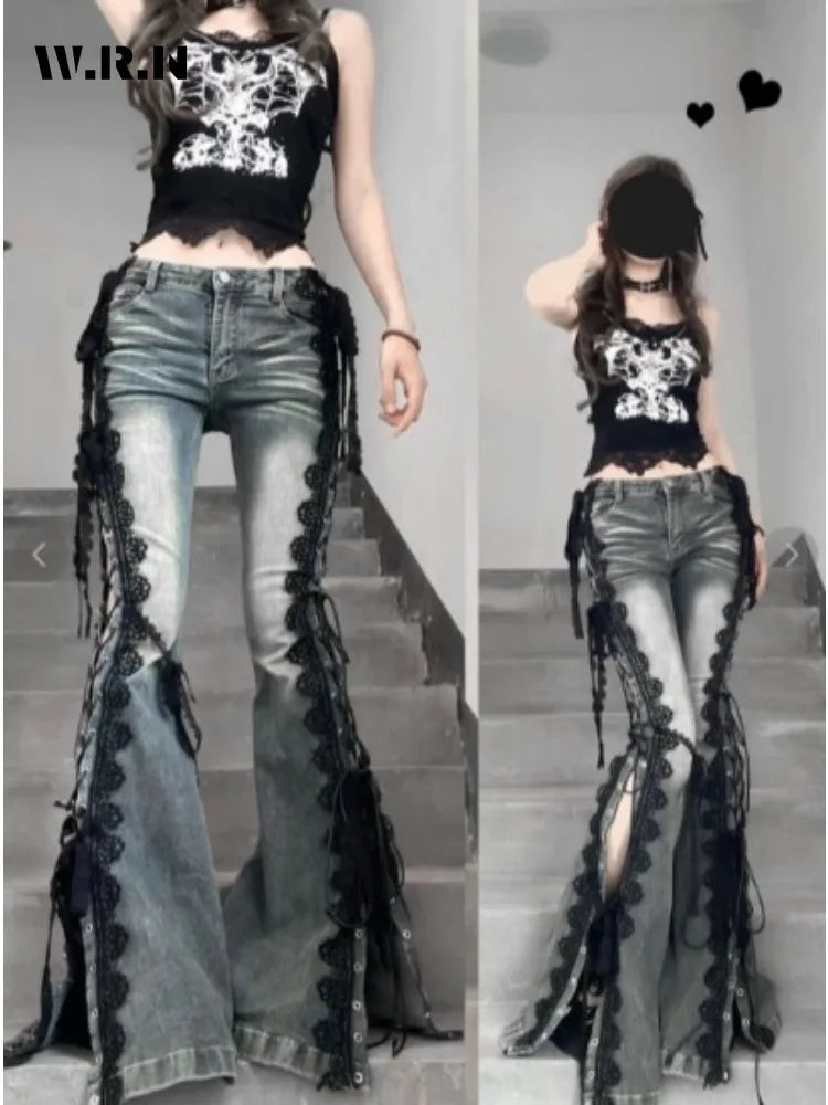 Retro Eyelet Lace-Up Flare Jeans