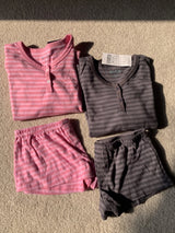 Pink Striped Long Sleeve T-shirt Shorts Set Woman Buttons Slim Tees+Elastic Straight Short Pant Cotton Home Pajama 2 Piece Sets
