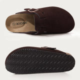 Evshine Men's Suede Clogs Fashion Leather Mules Cozy Footbed Slippers With Adjustable Buckle AntiSlip Cork Slippers Unisex Mules