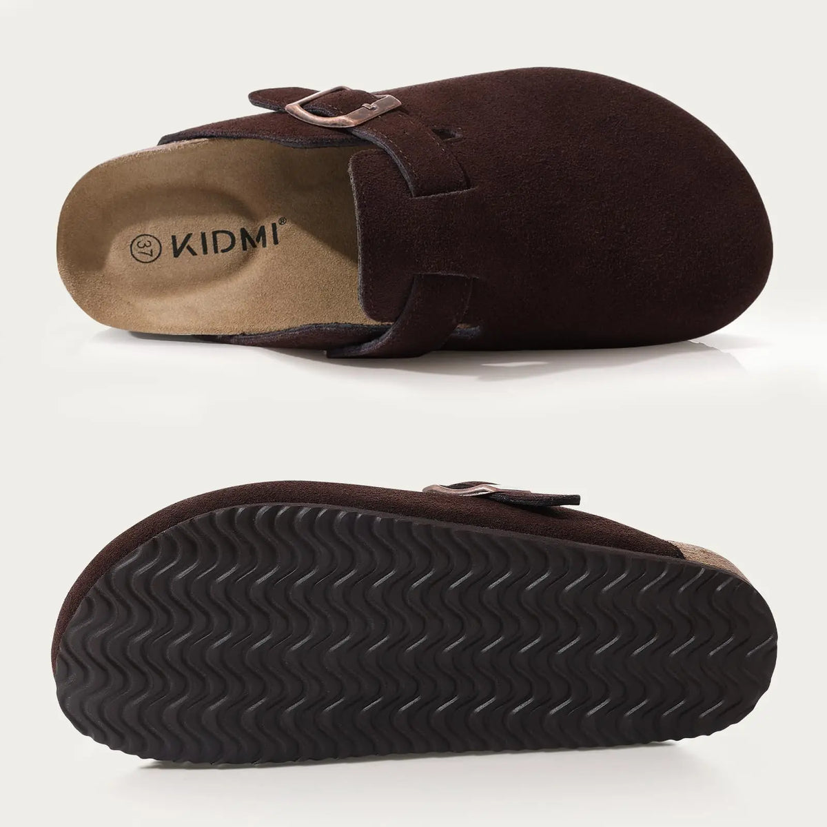 Evshine Men's Suede Clogs Fashion Leather Mules Cozy Footbed Slippers With Adjustable Buckle AntiSlip Cork Slippers Unisex Mules