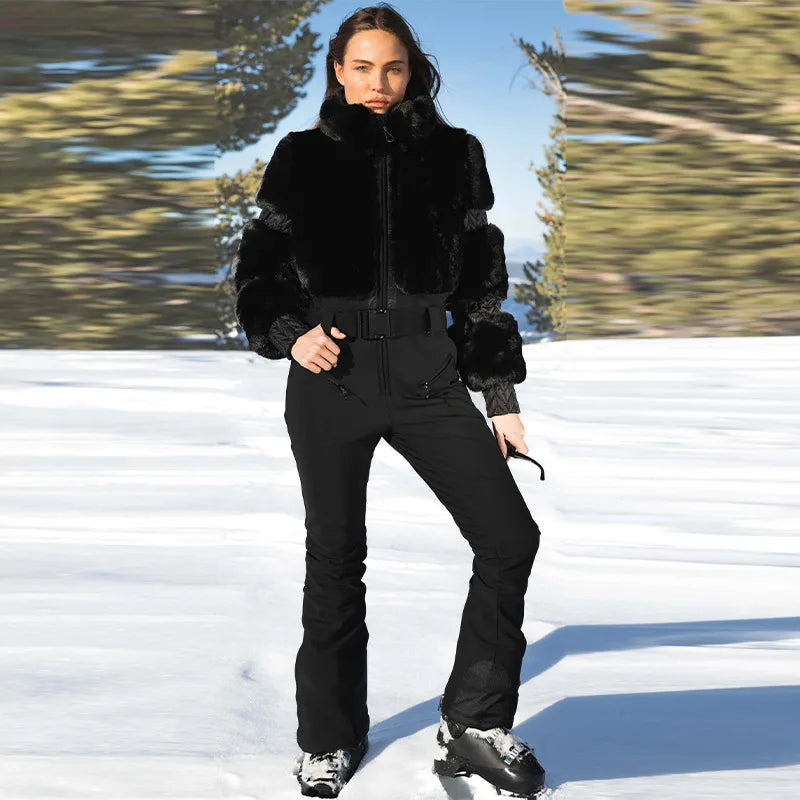 Windproof Faux Fur Ski Jumpsuit