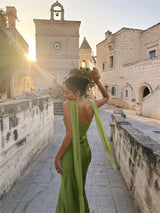 Elegant Backless Satin Maxi Dress – Sleeveless Halter Bodycon Party Gown