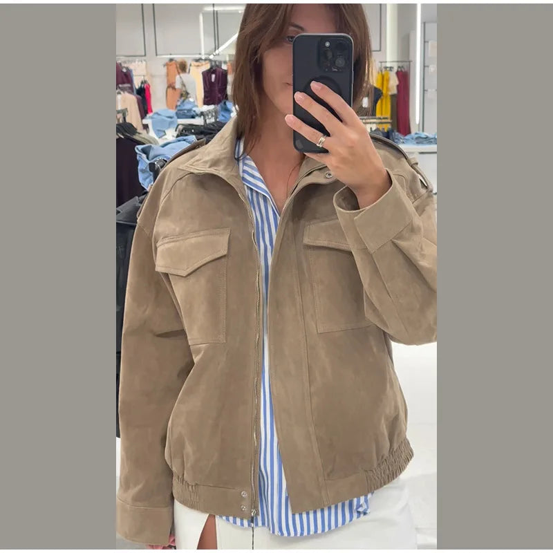Brown Retro Suede Lapel Zippered Short Jackets Women's Casual Full Sleeves Pocket Loose Coats 2026 Spring Daily Commute Outwear