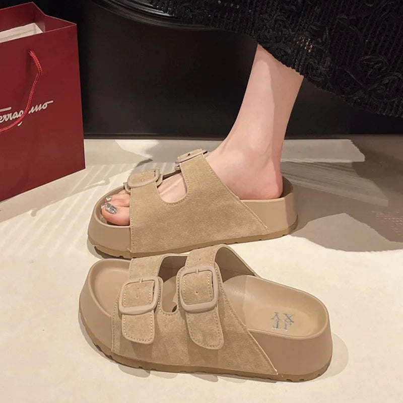 Bebealy Women Slippers With A Buckle Women's Shoes New Summer Casual Slippers Retro Trend Beach Slippers Round-headed Flip-Flops