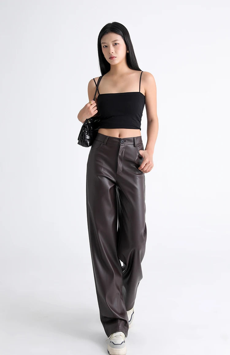 Women's High Waist Faux Leather Wide Leg Fleece Pants