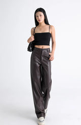 Women's High Waist Faux Leather Wide Leg Fleece Pants