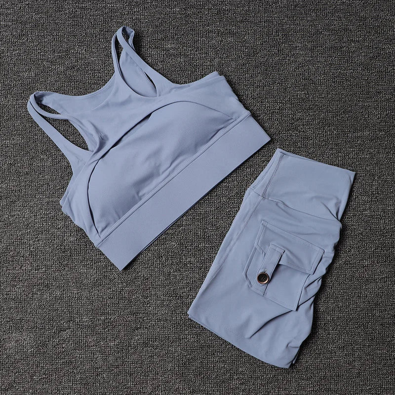 Fitness Shorts Yoga Sets Women's Tracksuit High Waist Sportswear Bra Workout Leggings Cycling Gym Shorts Sports Suit With Pocket
