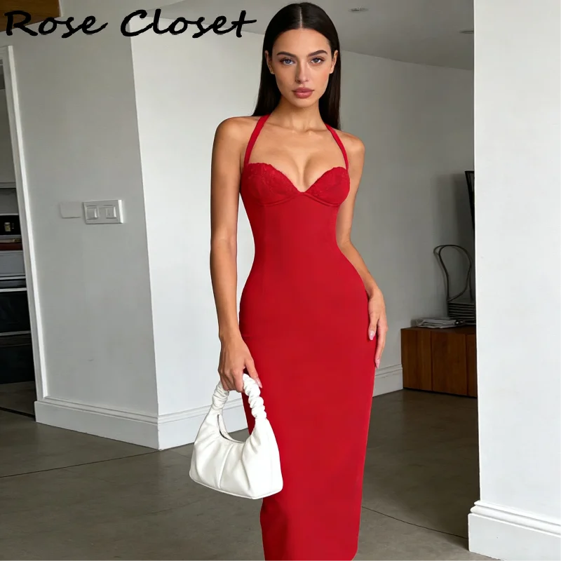 Elegant Bodycon Midi Dress – Halter Neck Evening Gown