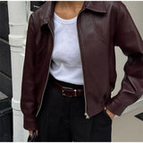 Women's Wine Red Pu Leather Short Jacket Fashion Autumn Lapel Collar Zipper High Street Loose Overcoats Ladies Button Outerwears