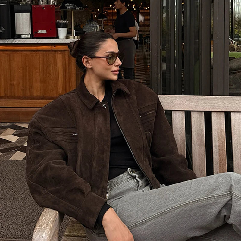 Vintage Suede Jacket For Women Long Sleeve Pocket Turn-down Collar Zipper Short Coat 2025 Autumn Winter Streetwear Lady Outwears