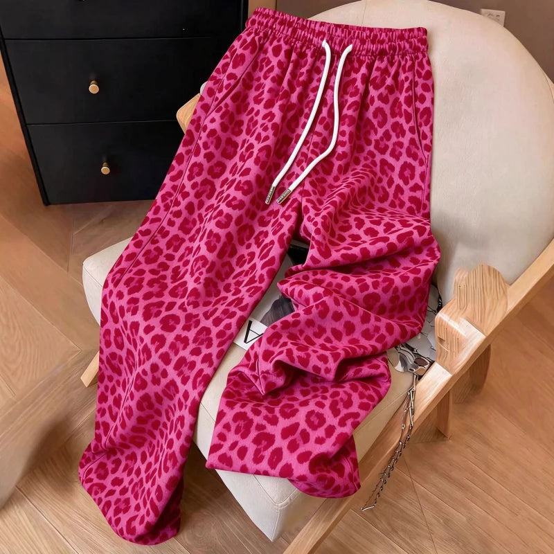 Leopard Print Straight-Leg Elastic Waist Pants