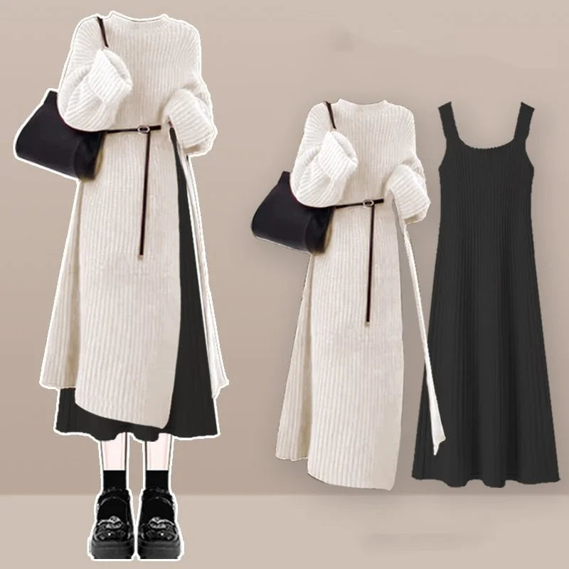 Women's Spring Autumn Long Split Sweater Sling Dress Two Piece Set Lady Graceful Black Knit Clothing Sleeveless Dresses Outfits