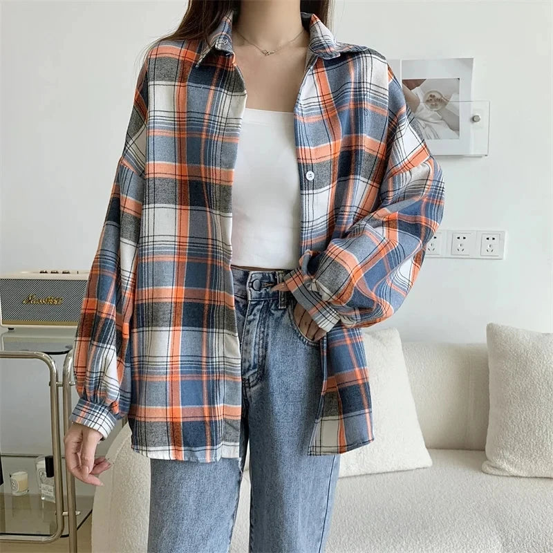 Vintage Plaid Long-Sleeve Blouse