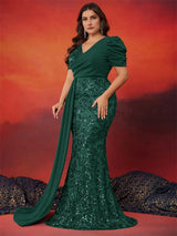Plus Size Elegant Short Sleeve Sequins Formal Evening Dresses Women Luxury Mermaid Wedding Party Bridesmaid Gowns