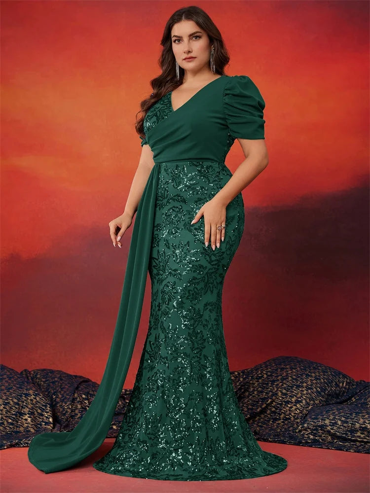 Plus Size Elegant Short Sleeve Sequins Formal Evening Dresses Women Luxury Mermaid Wedding Party Bridesmaid Gowns