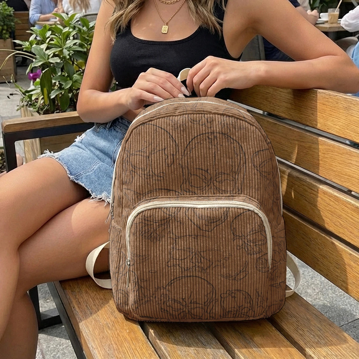 Gothic Skull Allover Print Women Fashion Backpack Corduroy Multi-pocket Large Capacity Commuter Bag