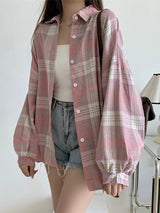 Vintage Plaid Long-Sleeve Blouse