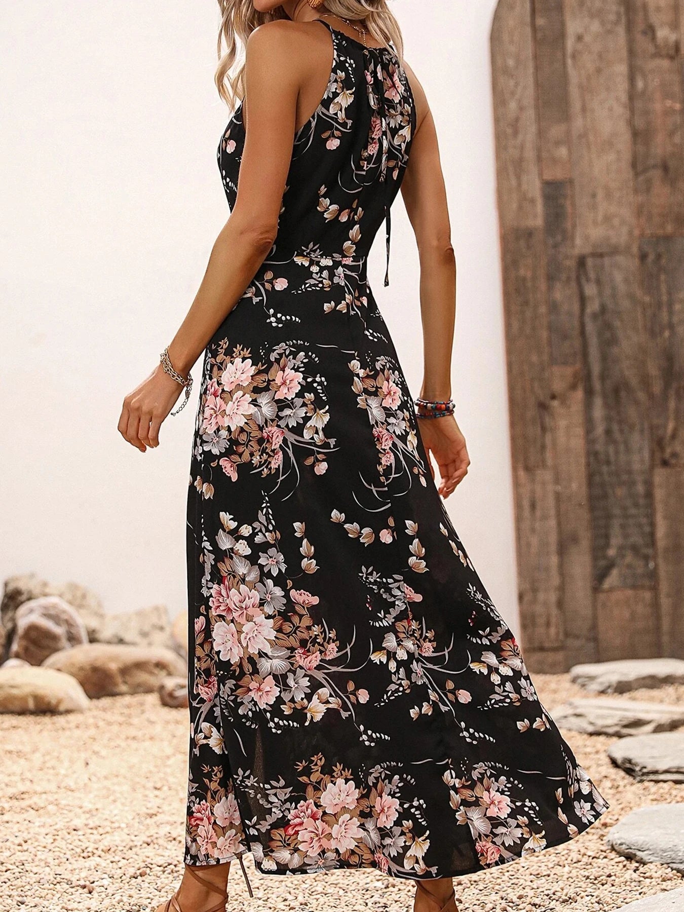 Elegant Floral Print High Slit Halter Dress