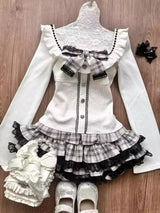 Sweet Lolita Lace Up Ruffles Cardigan+ Sexy Slim Fit Strapless Vest Tops+ High Waist Ruched Skirts Early Autumn Three Piece Sets