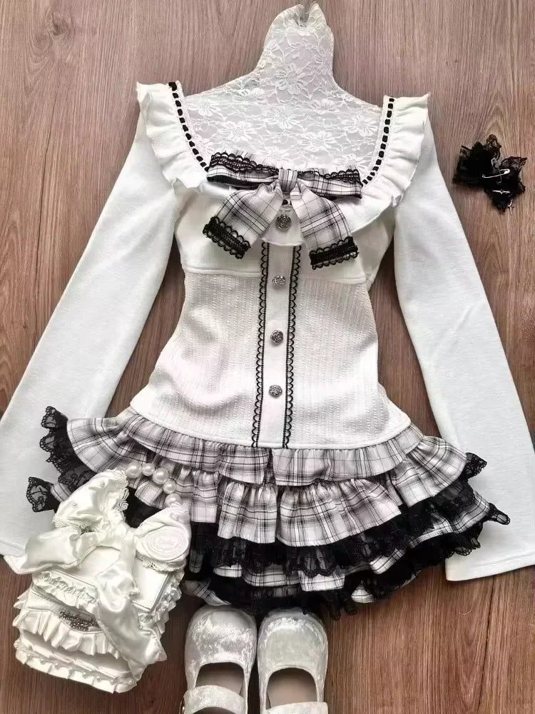 Sweet Lolita Lace Up Ruffles Cardigan+ Sexy Slim Fit Strapless Vest Tops+ High Waist Ruched Skirts Early Autumn Three Piece Sets
