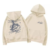 Men's Vintage Rose Print Hoodie Sweatshirt Oversized Streetwear Cursive Letter Graphic Pullover Casual Sweatshirt Fall Winter