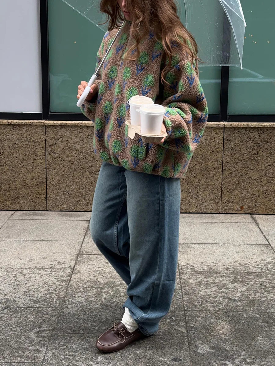 TARUXY Fleece Printing Sweatshirt Women's Half-Zip Sweatshirt Fleece Loose Turtleneck Pullover Female Winter Leisure Sweatshirt