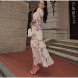 Print Chiffon Long Dress Women V Neck Half Sleeves High Waist Ruffles Belts Split Robe Female 2026 Summer Chic Vacation Dresses