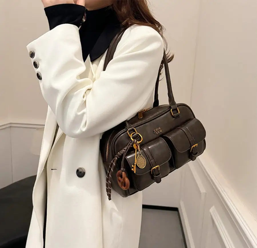 Women’s Coffee Brown Multi-Pocket Shoulder Bag | Vintage PU Leather Crossbody