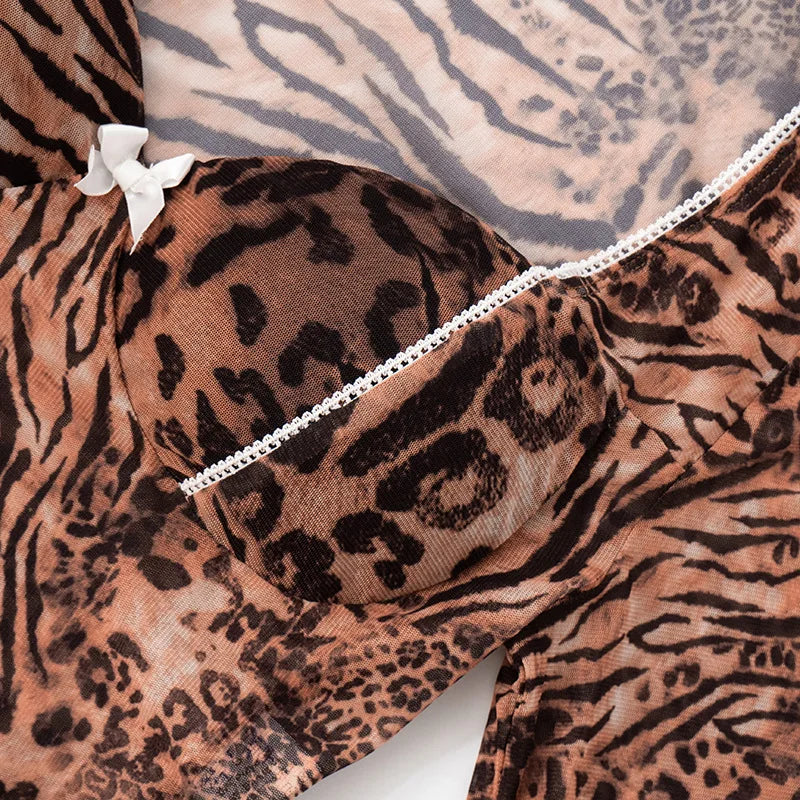 Leopard Print Skinny 2-Piece Set | Mesh Sleeve Crop Top & Ruched Skirt