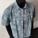 2025 Summer New Floral Short Sleeve Men's Denim Shirt Thin American Retro Layered Wear Outerwear Jacket Breathable Polyester