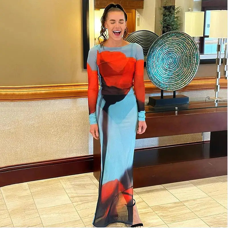 Women's Sheer Mesh Floral Print Long Sleeve Beach Cover-Up Dress