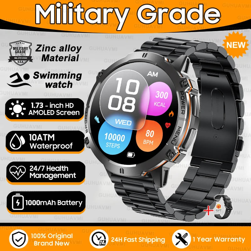2025 New 1000mAh Battery Sports SmartWatch 1.73" AMOLED Screen 10ATM Waterproof Compass Altimeter Military T-Rex3 Smartwatch Men