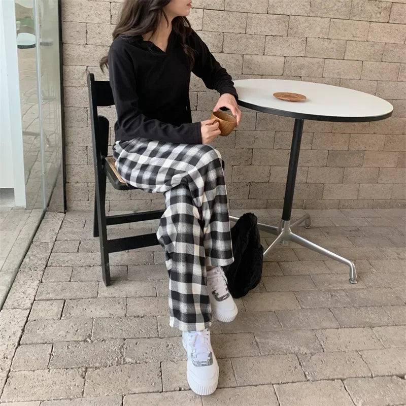 Plaid Plush Wide-Leg Trousers