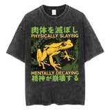 The Horrors Are Never Ending Yet I Remain Silly T-shirt Funny Japanese Style Frog Retro Washed T Shirt Men's Oversized Tees Tops