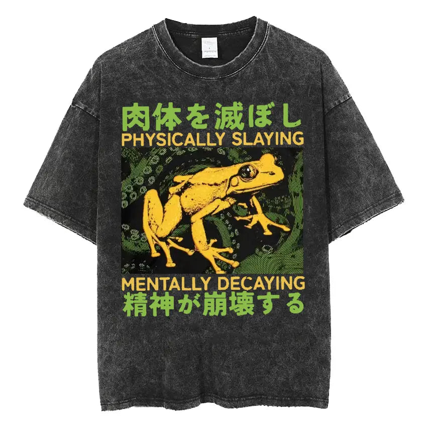 The Horrors Are Never Ending Yet I Remain Silly T-shirt Funny Japanese Style Frog Retro Washed T Shirt Men's Oversized Tees Tops