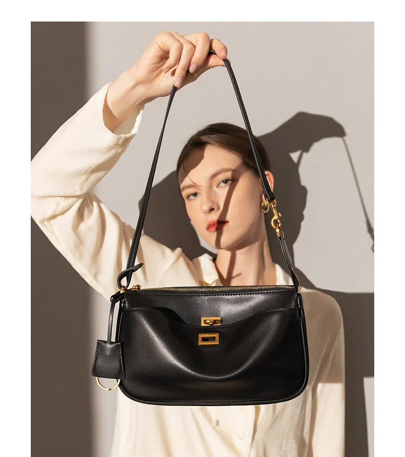 2026 Spring New Luxury Brand Women Shoulder Bags Split Leather Black Handbags Women Fashion Gold Buckle Underarm Bags