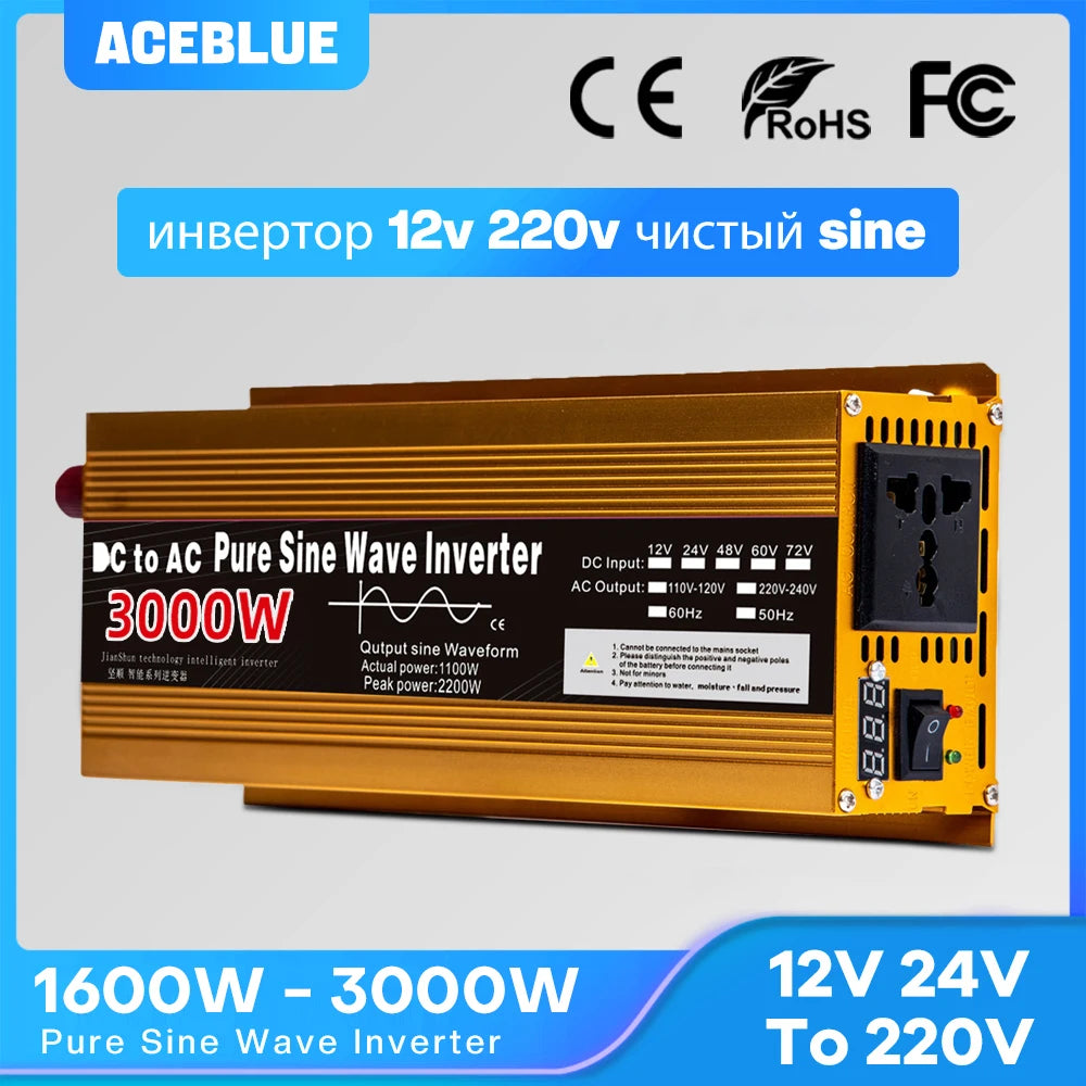 Pure Sine Wave Inverter 12V/24V to 220V | 1600W–3000W