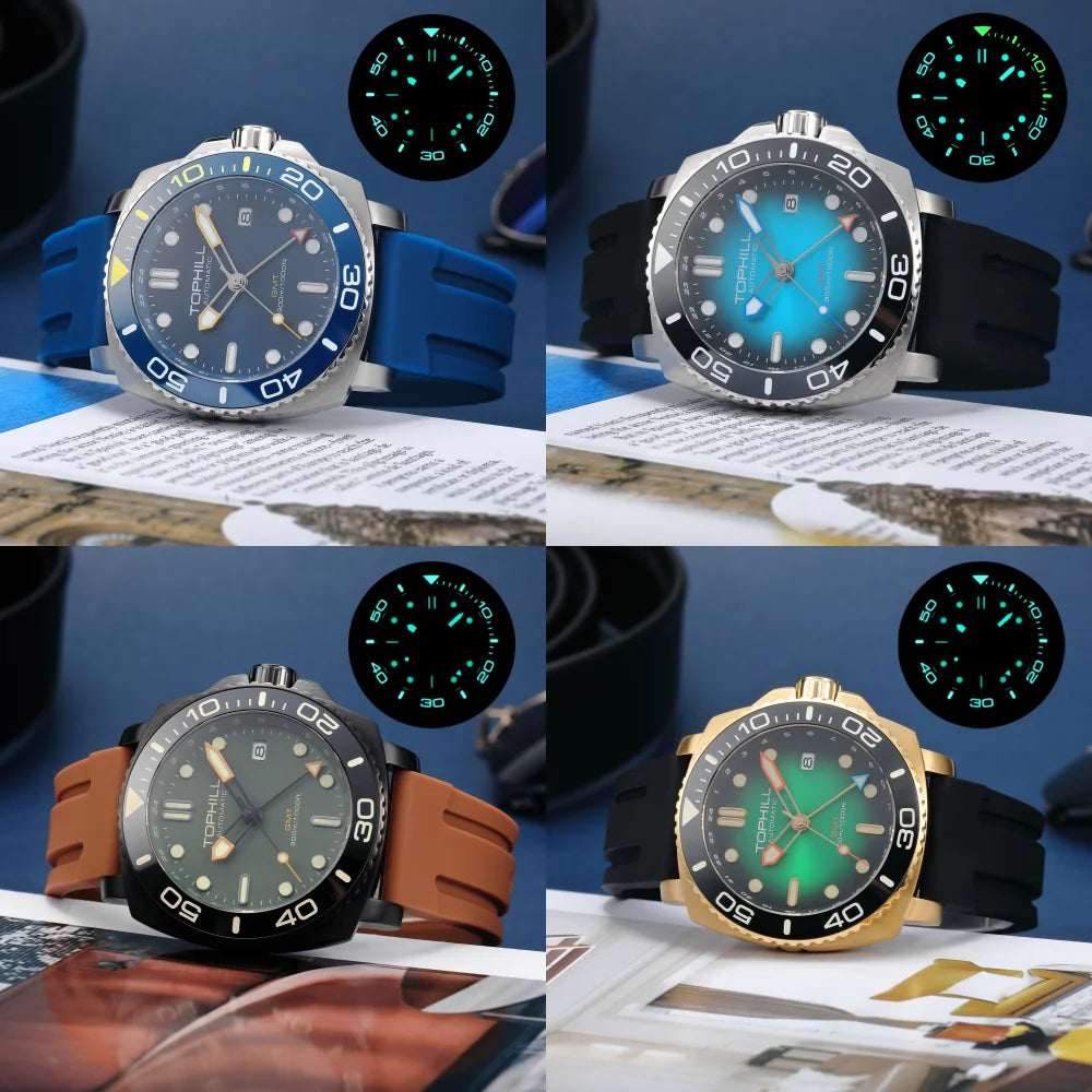 TOPHILL 43mm NH34 GMT Men Watch Automatic Mechanical Wristwatch 300M Dive Sapphire Ceramic Bezel Luxury Luminous 3H Date TD012G