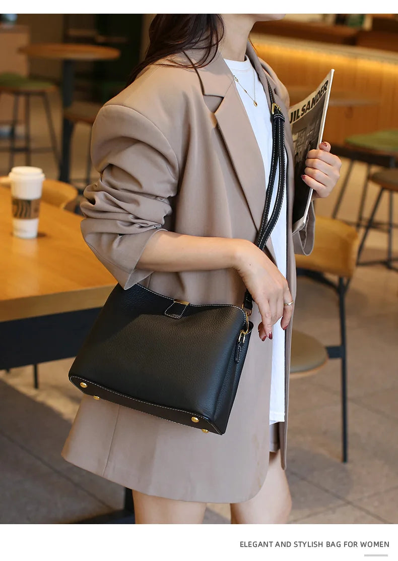 Women's Genuine Leather Handbag Luxury Bucket Style Casual Lady Fashion Shoulder Crossbody Messenger Bag for Girls 2025 Hot Sale