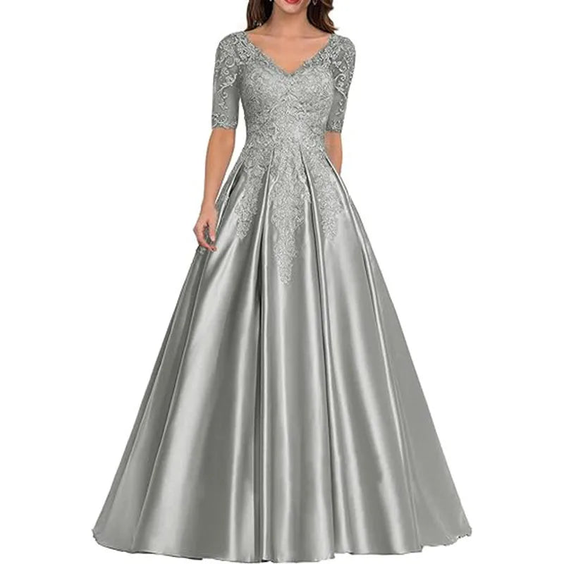 A Line Women Evening Dresses Satin Appliques V Neck Prom Party Gowns Formal Occasion robes de soirée