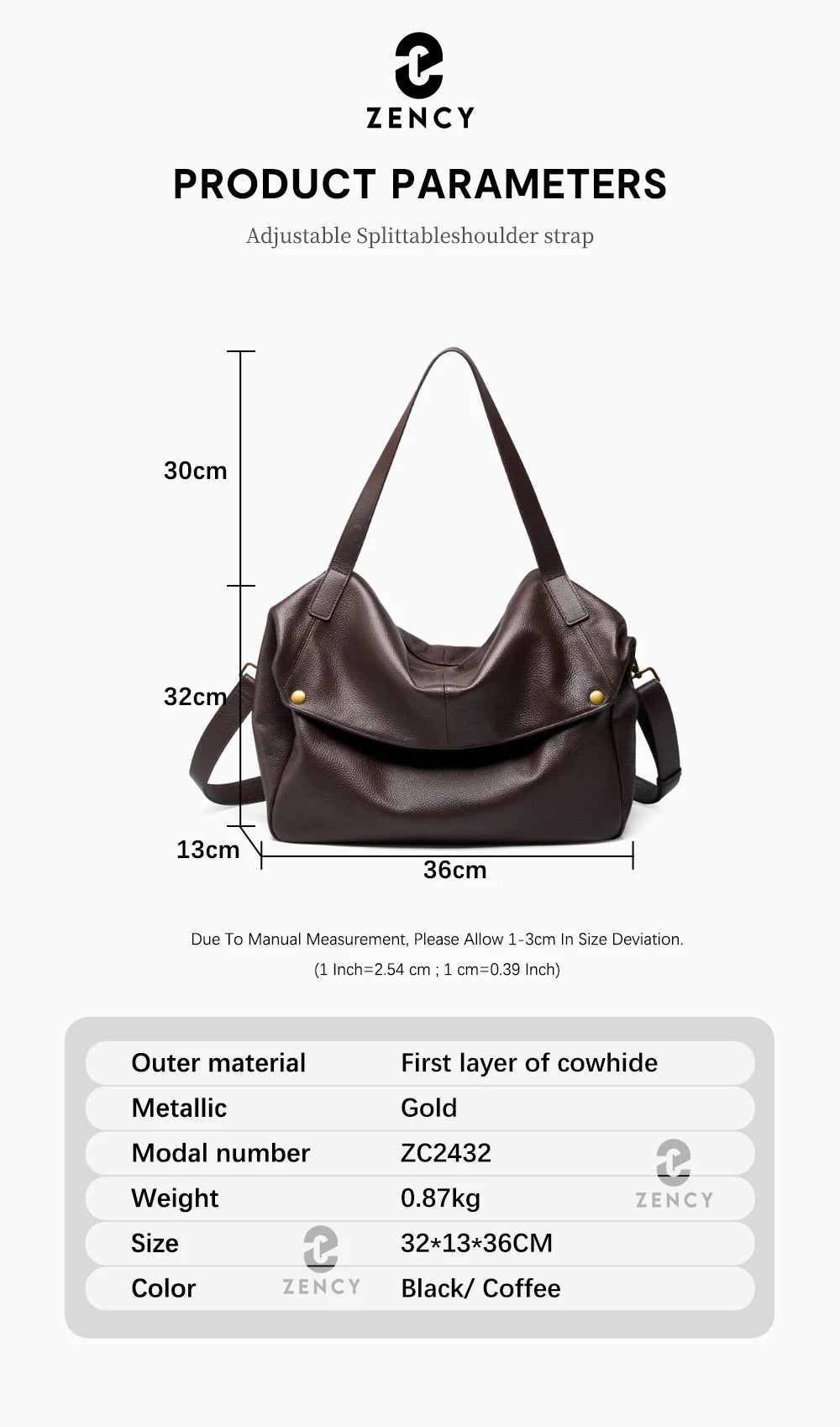 Zency Large Capacity Shoulder Bag Purse Genuine Leather Women's Work Tote Bag Handbag Shopper Bag Pocket For A4 ipad Crossbody