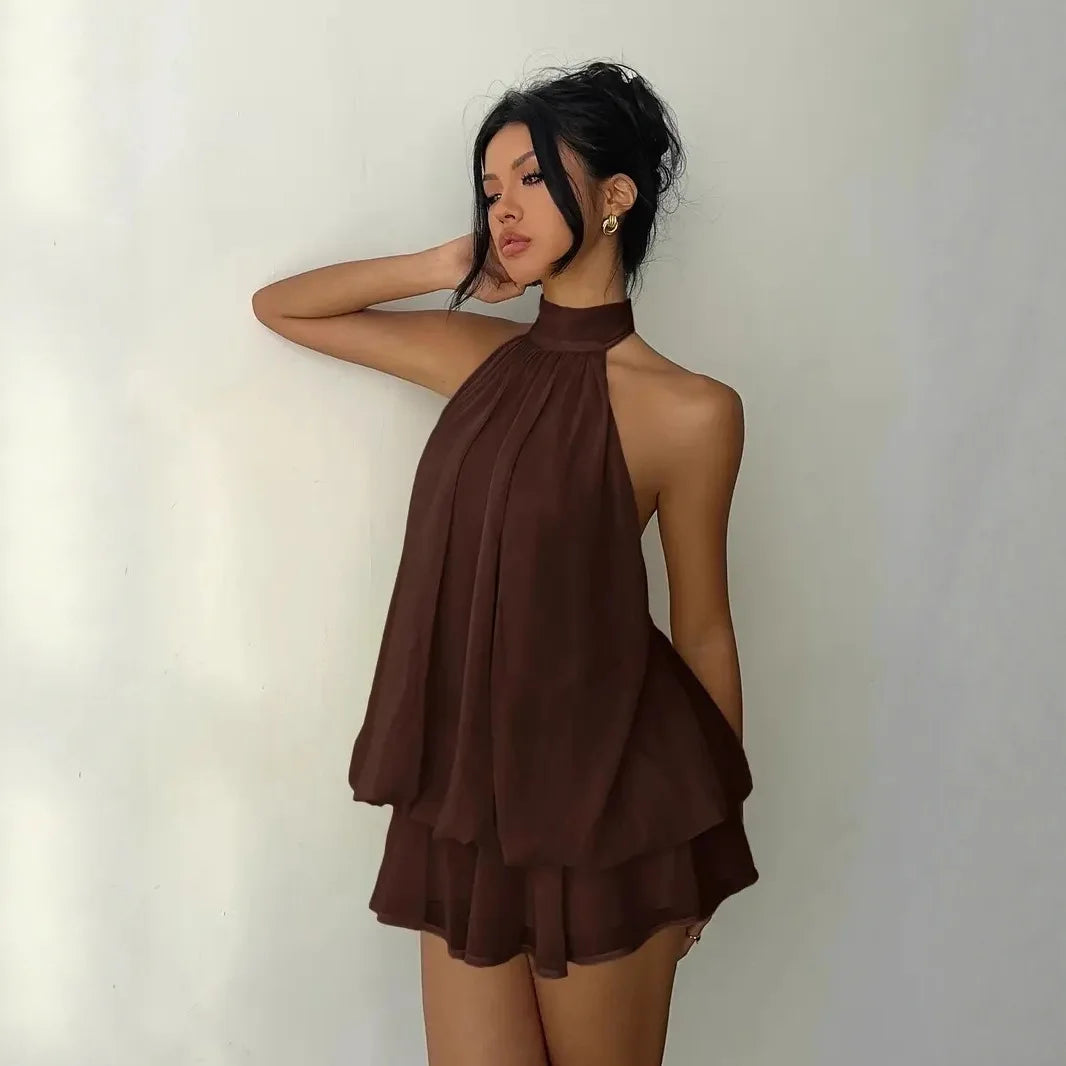 Women's Halter Neck Backless Tie-Front Mini Dress