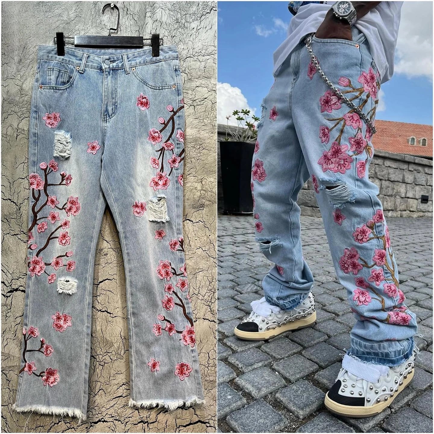 Retro Cherry Blossom Embroidered Wide Leg Y2K Jeans
