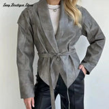 Women Vintage Brown Leather Jacket Lapel Padded Shoulder High Waist Leather Coat With Belt 2025 Lady Autumn Fashion Short Coats