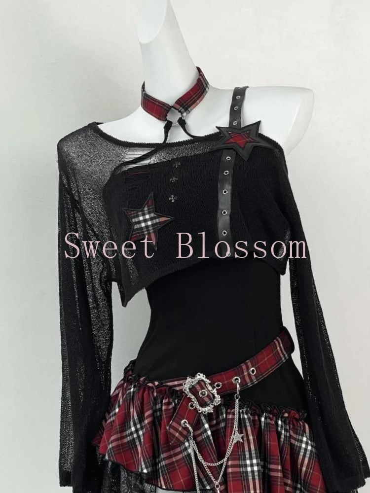 Gothic Hot Girl American Fashion 2 Piece Set Women Black Blouse + Chic Irregular Dress New Pure Desire Slim Vintage Suit Summer